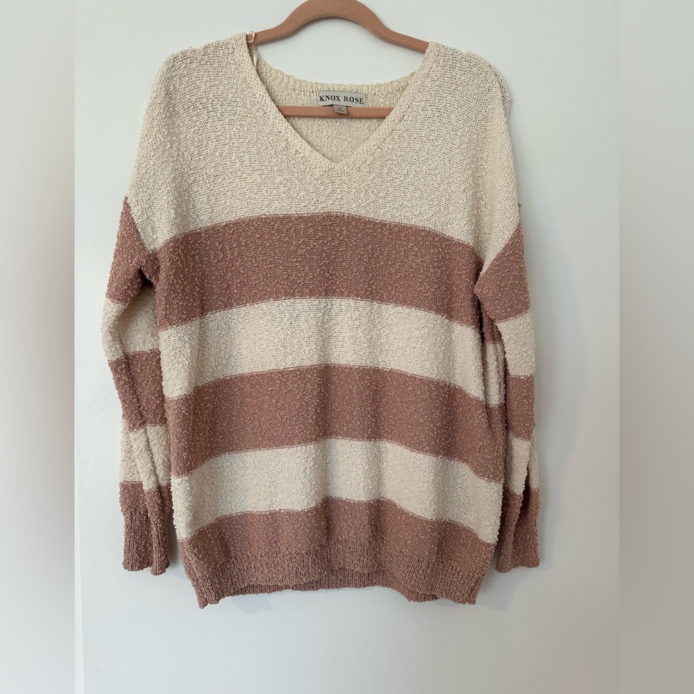 Knox Rose Women's V-Neck Striped Sweater - Cream and Mauve